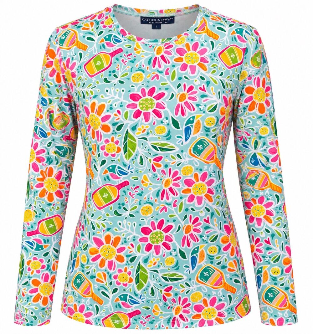 Katherine Way Pickleball Rash Guard Top Size L Floral Long Sleeve UPF Activewear